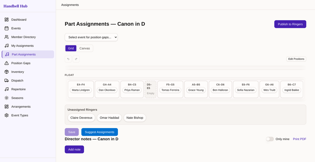 Screenshot of the Handbell Hub app: a sidebar listing twelve product areas, from Dashboard and Events through Inventory, Dispatch and Seasons, open to the part-assignment grid for Canon in D — ten bell-range positions each labeled by ringer, one marked Empty, and an Unassigned Ringers list below.